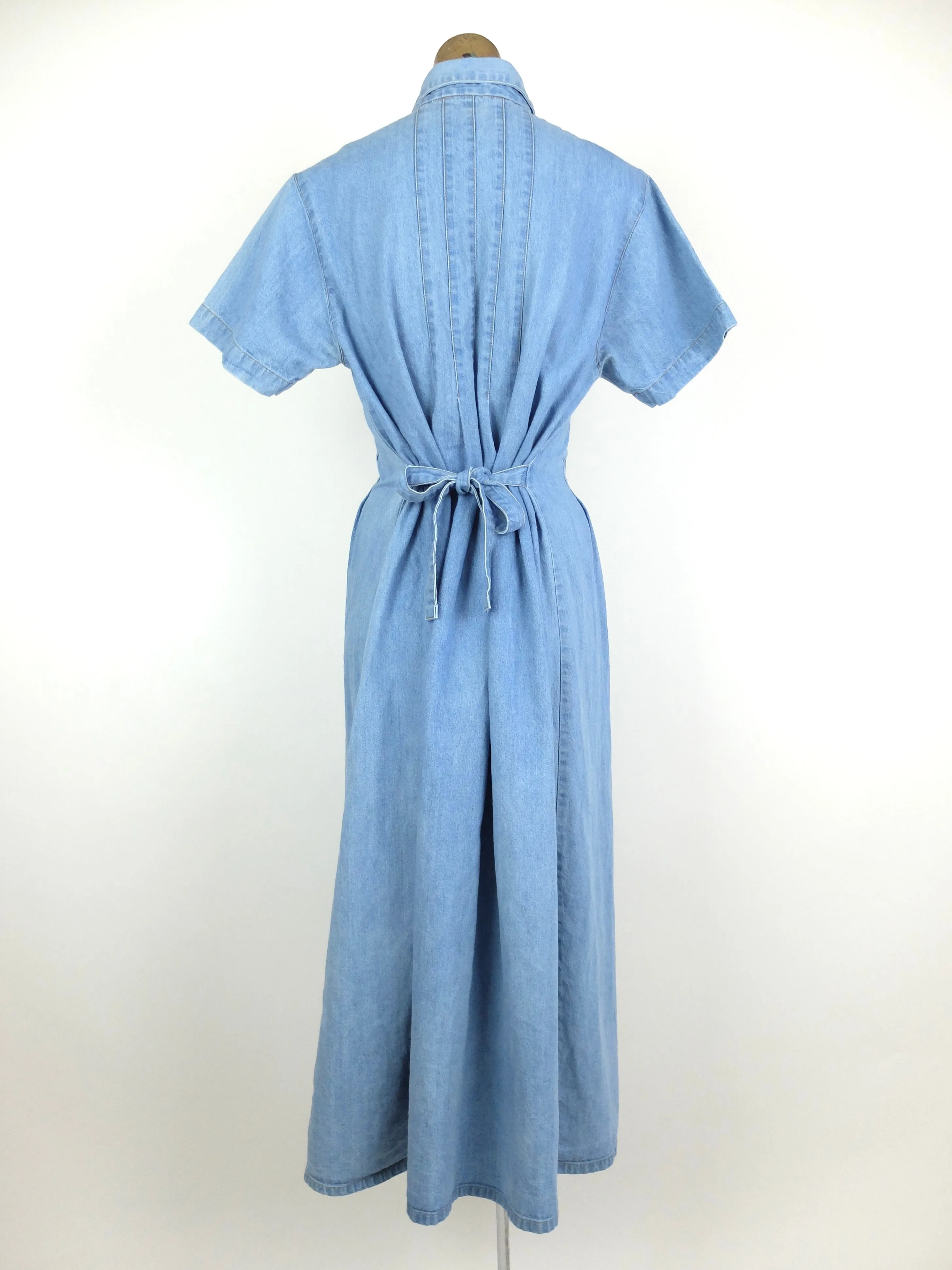 80s Prairie Bohemian Collared Short Sleeve Button Down Light Wash Denim Maxi Dress