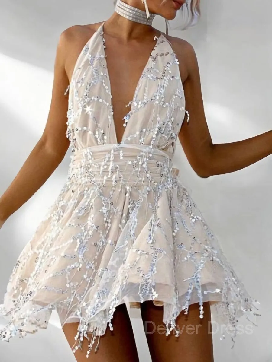 A-Line Halter Short Lace Homecoming Dresses With Beading