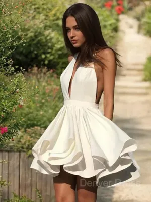 A-Line Halter Short Stretch Crepe Homecoming Dresses With Cascading Ruffles