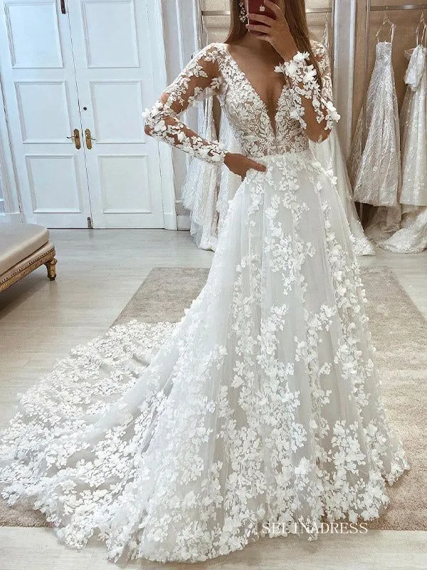 A-line V neck 3D Floral Lace Wedding Dresses Elegant Long Sleeve Wedding Gowns EWR815