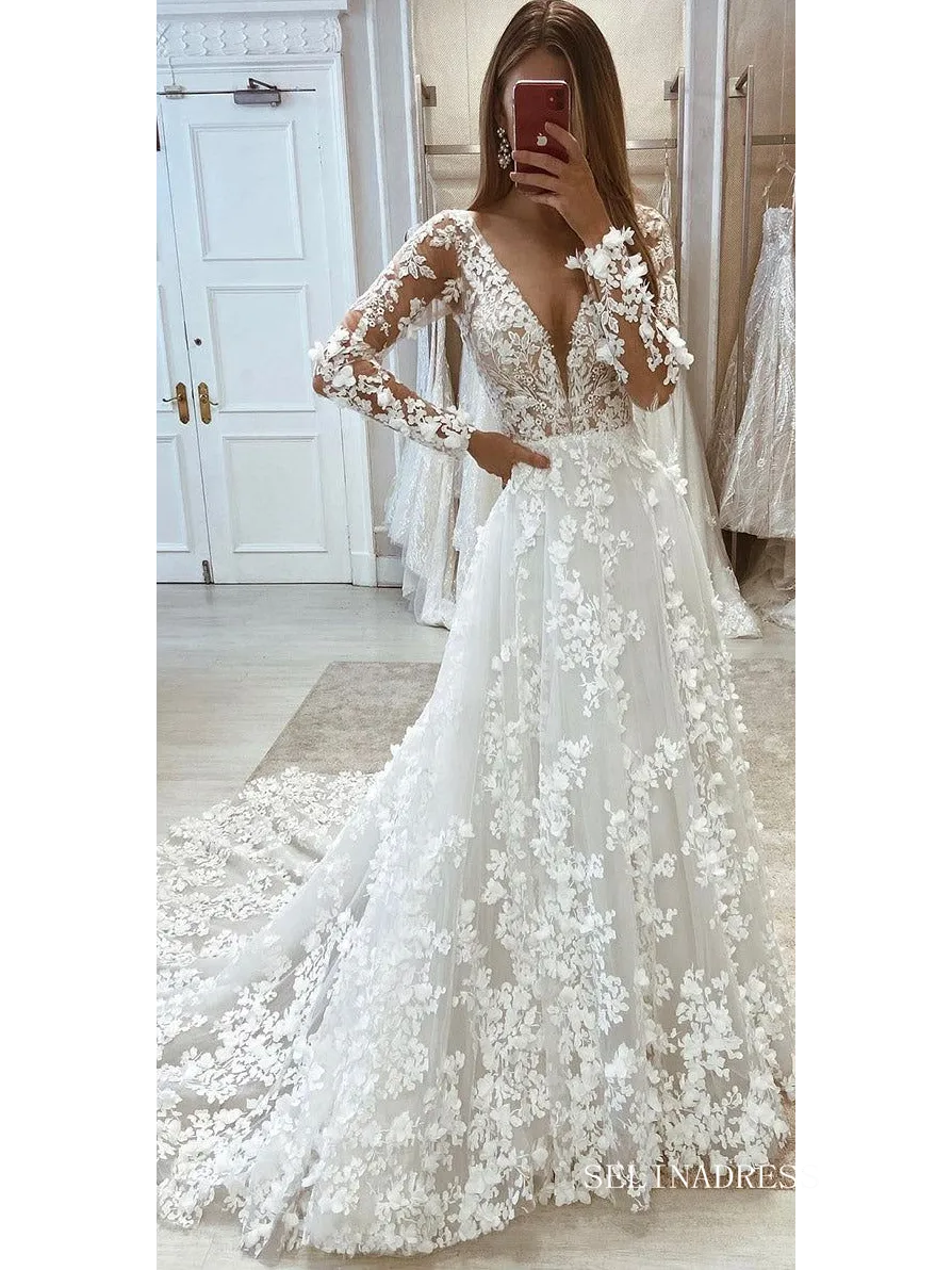 A-line V neck 3D Floral Lace Wedding Dresses Elegant Long Sleeve Wedding Gowns EWR815