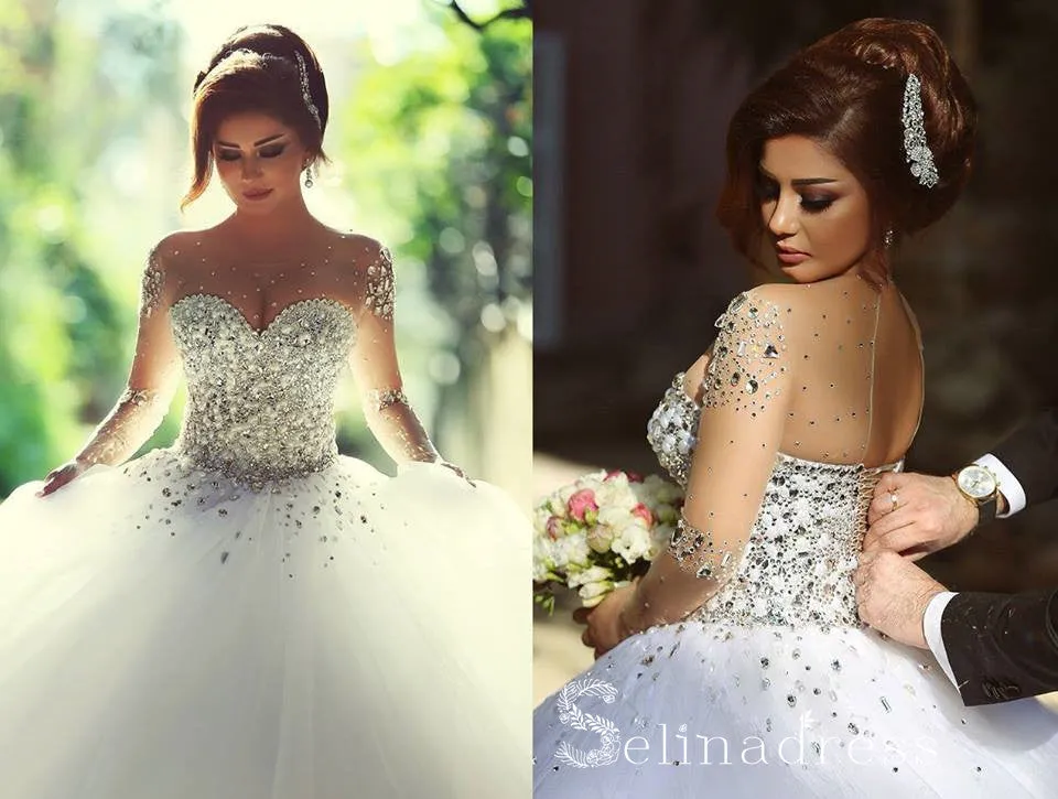 Ball Gown Long Sleeve Wedding Dress White Rhinestone Beautiful Tulle Wedding Dress SEW015