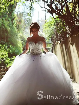 Ball Gown Long Sleeve Wedding Dress White Rhinestone Beautiful Tulle Wedding Dress SEW015