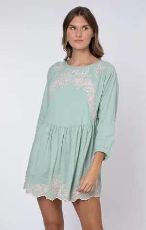 Batwing Dress W.Floral Embroidery Sage/Candy