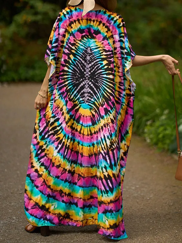 Batwing Sleeves Loose Printed Split-Side V-Neck Beach Cover-Up Maxi Dresses