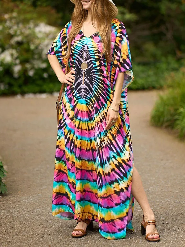 Batwing Sleeves Loose Printed Split-Side V-Neck Beach Cover-Up Maxi Dresses