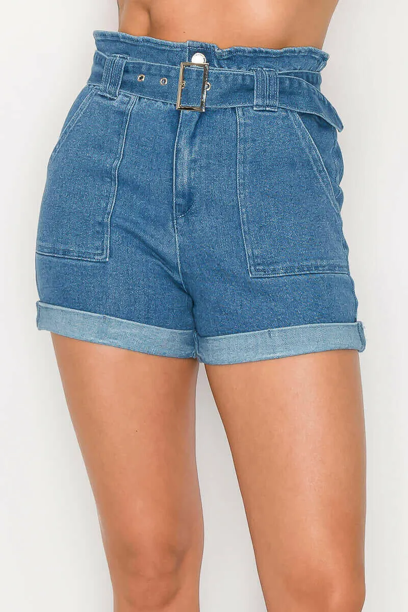 Belted Paperbag Denim Shorts