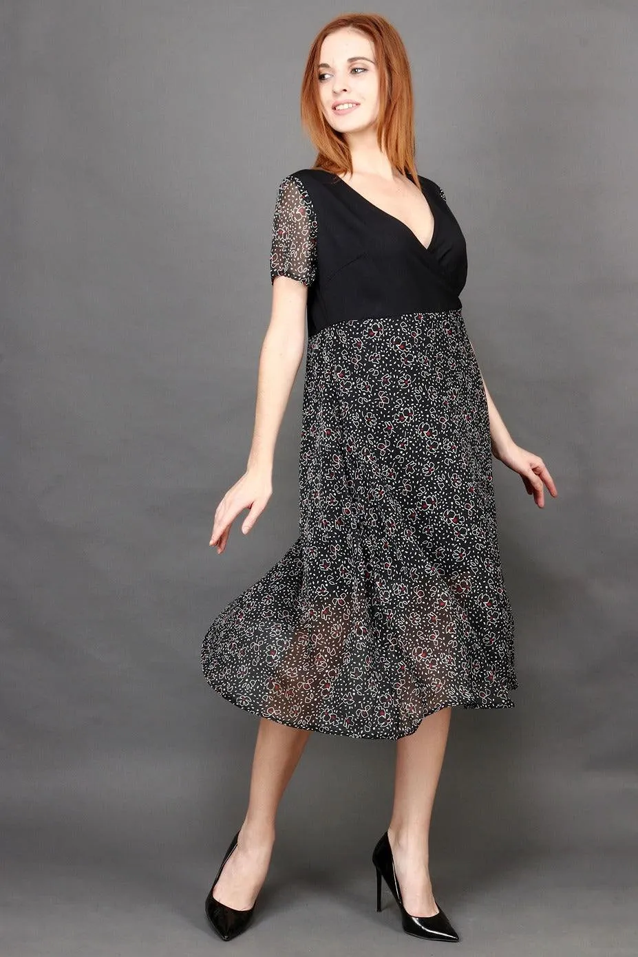 Black Floral Half Printed Half Solid Dress