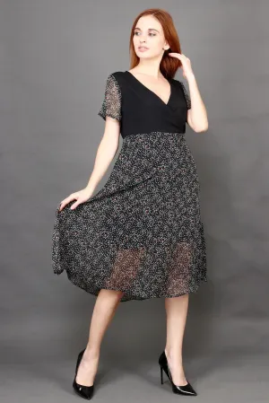 Black Floral Half Printed Half Solid Dress