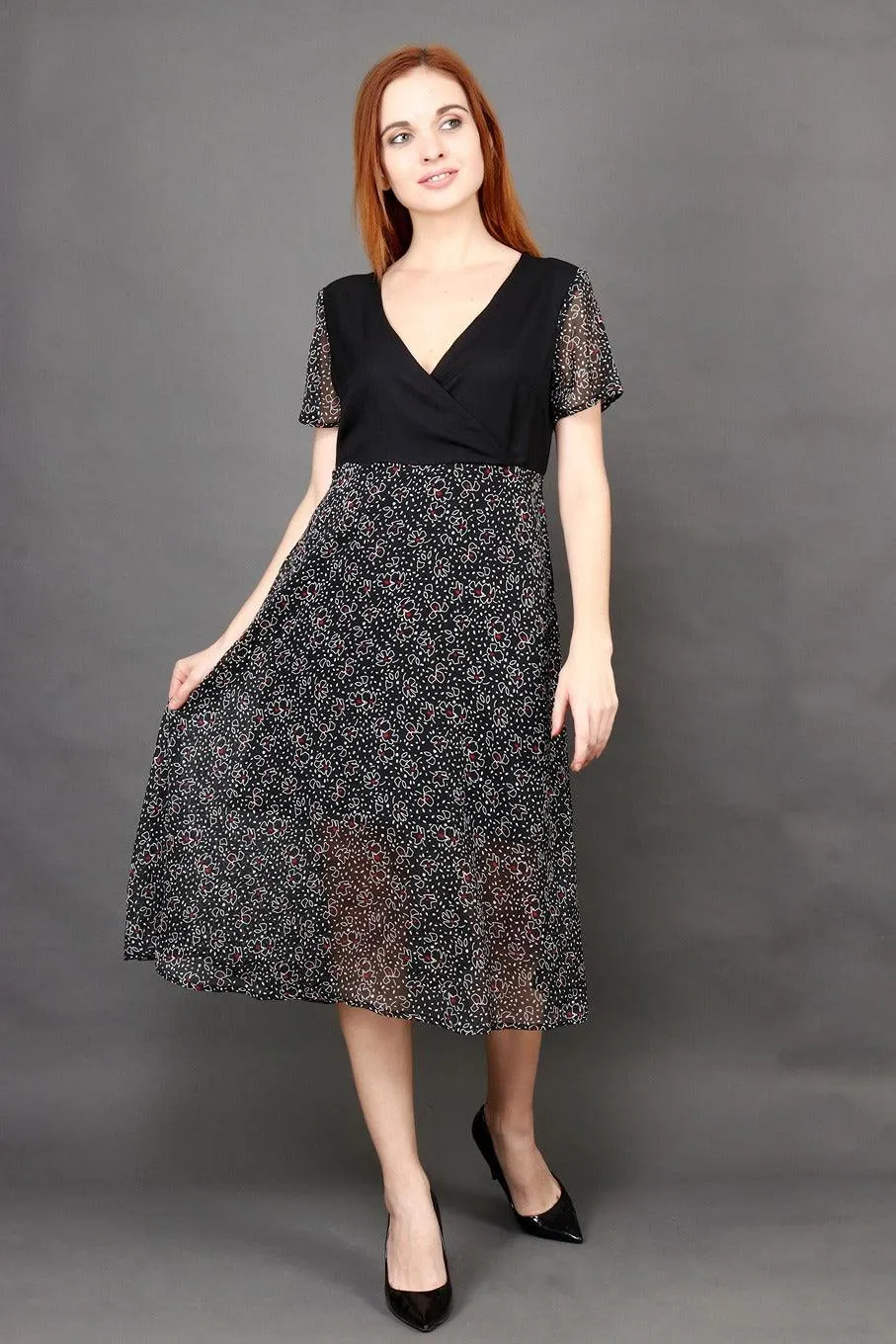 Black Floral Half Printed Half Solid Dress