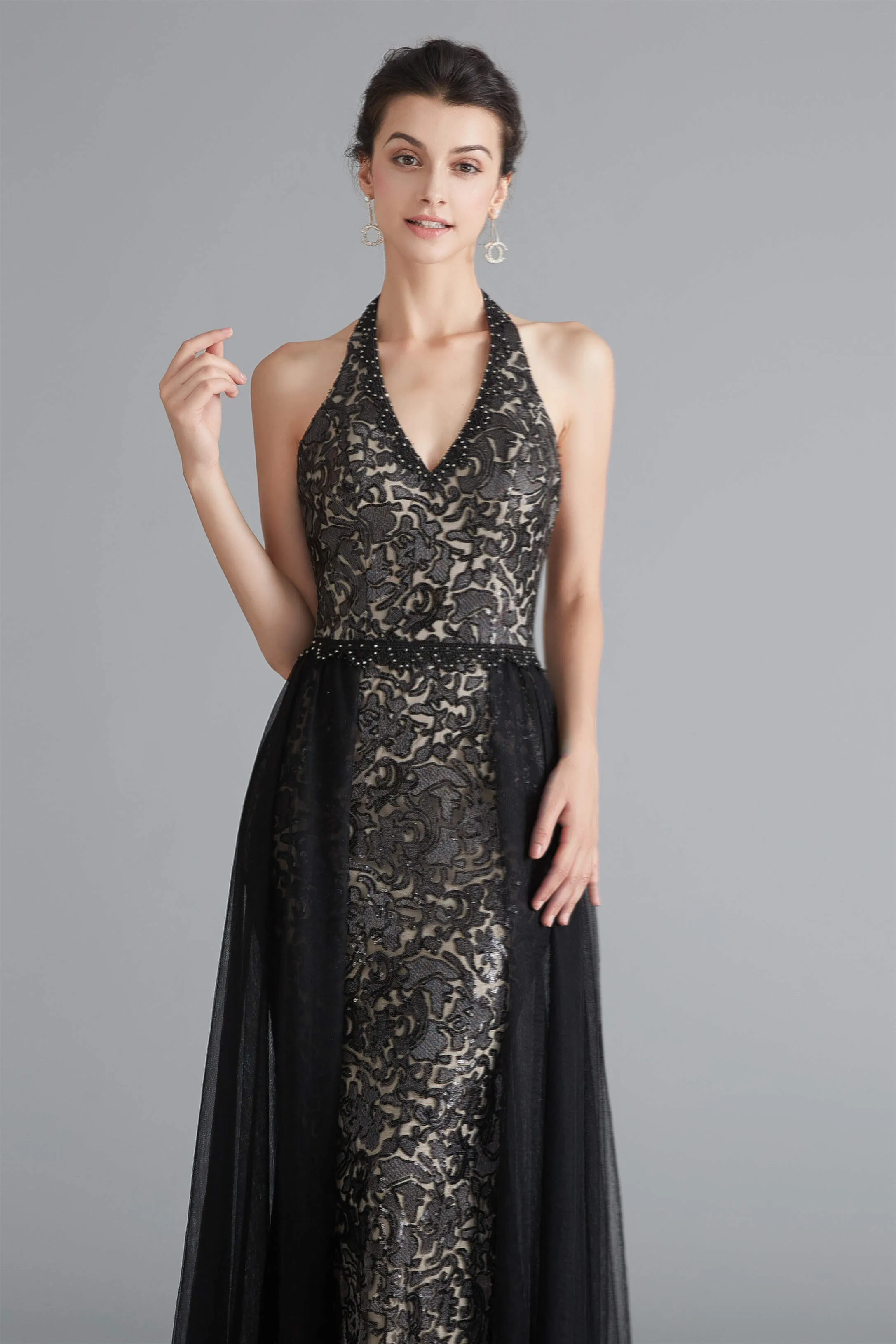 Black Lace Halter Prom Dresses with Tulle Overskirt