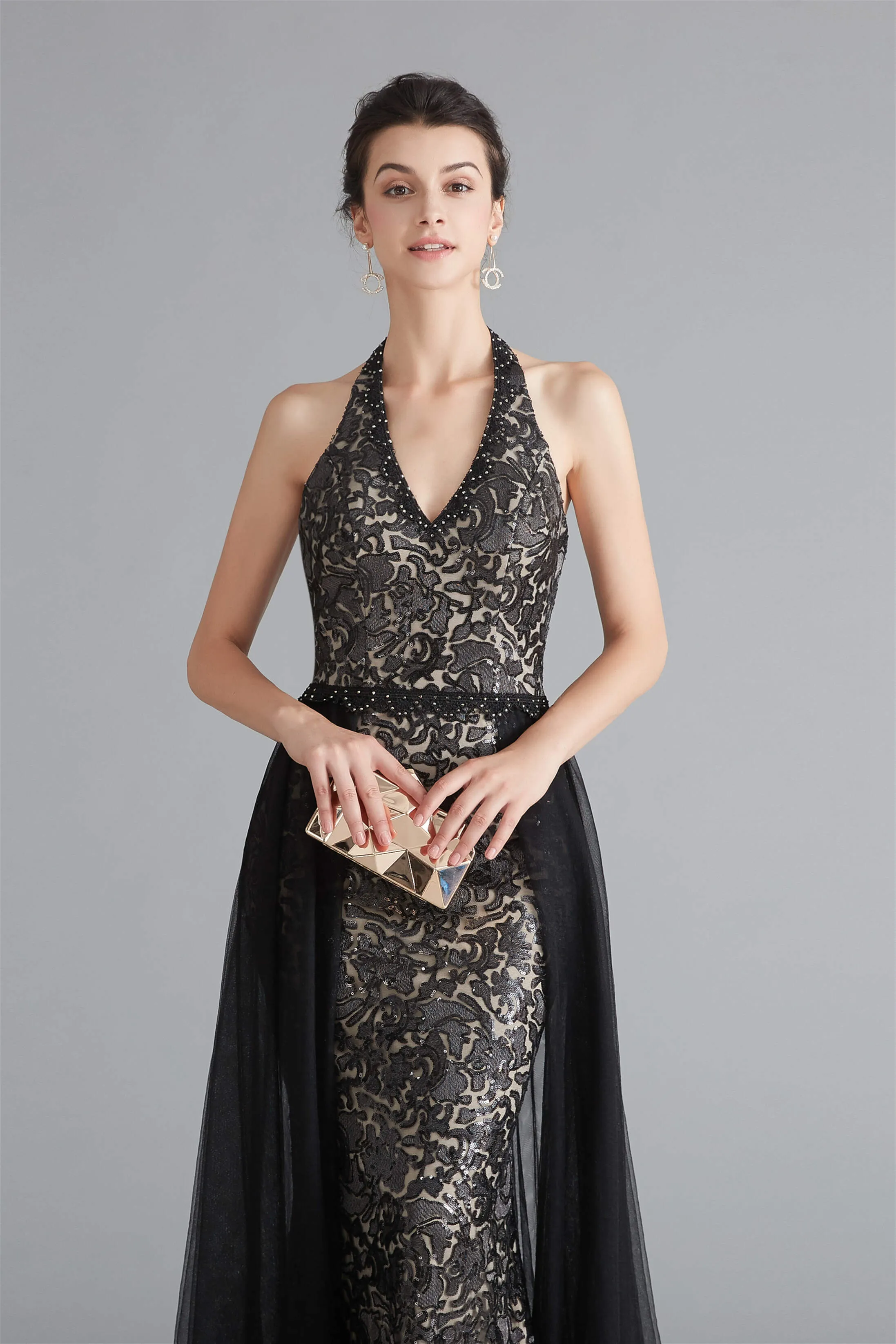 Black Lace Halter Prom Dresses with Tulle Overskirt