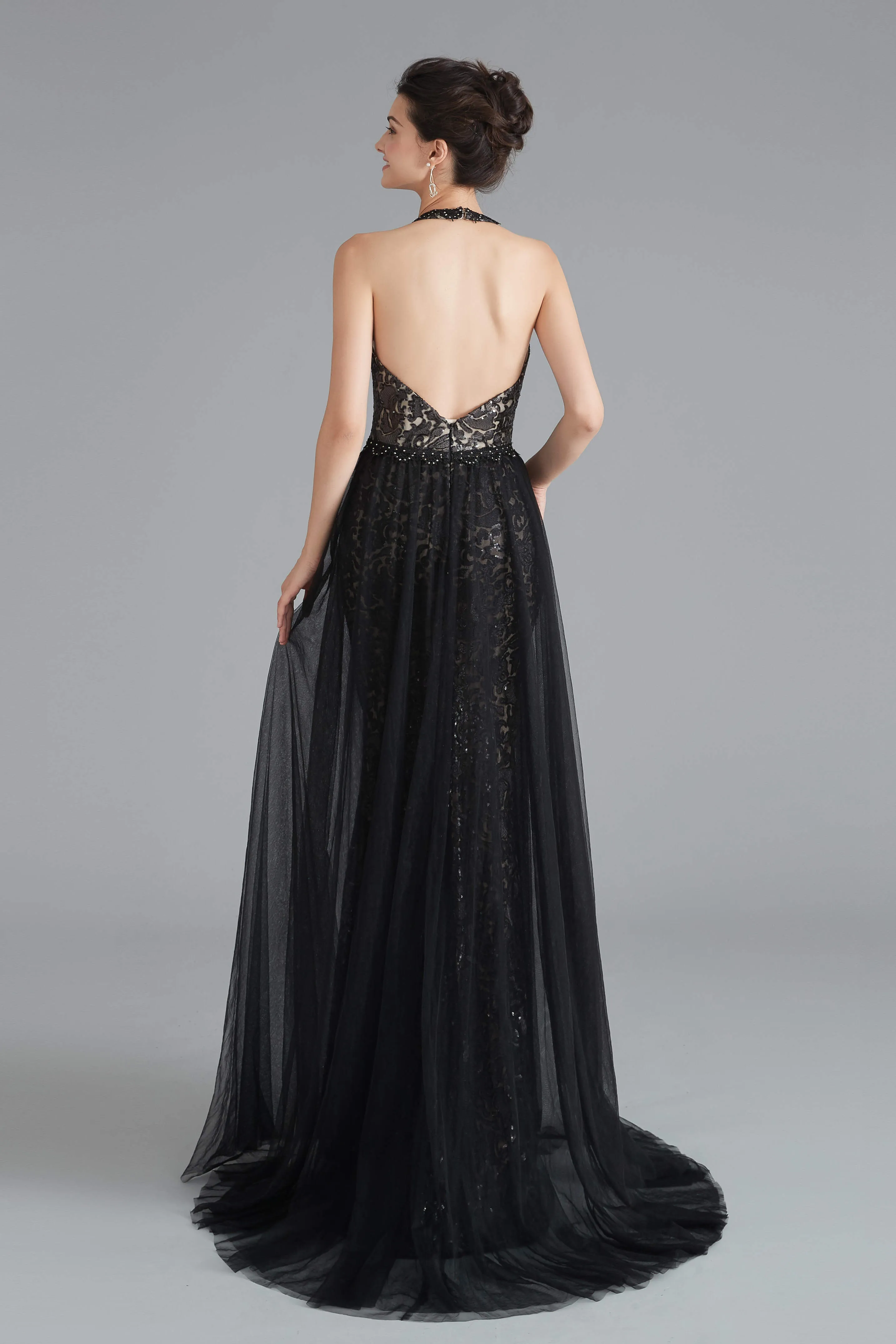 Black Lace Halter Prom Dresses with Tulle Overskirt