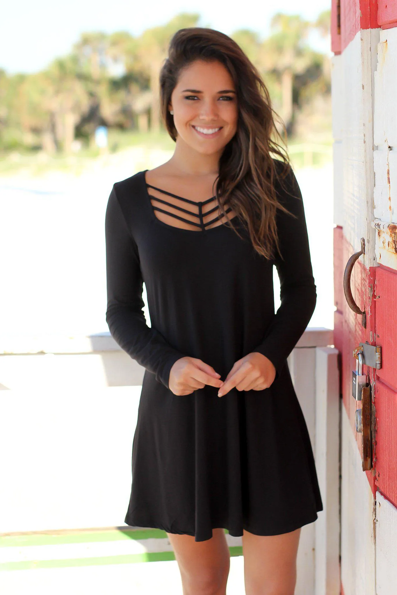 Black Long Sleeve Strappy Short Dress