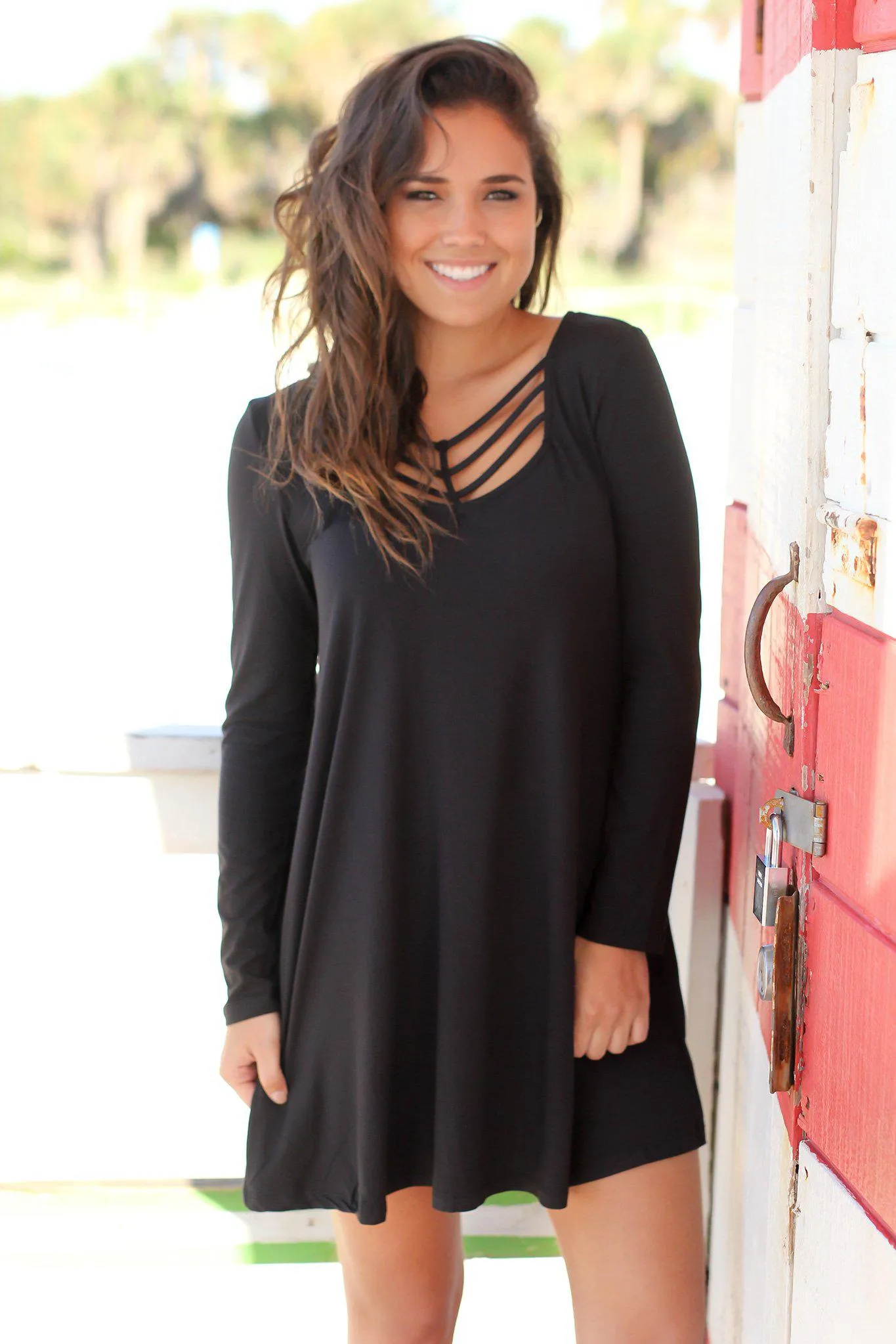 Black Long Sleeve Strappy Short Dress