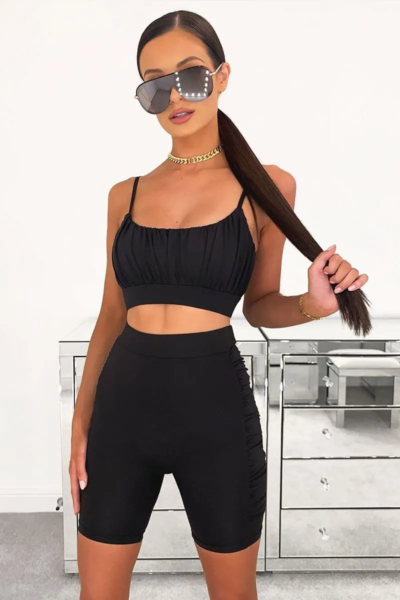 Black Ruched Panel Crop Top   Cycling Shorts Co-ord - Zariah