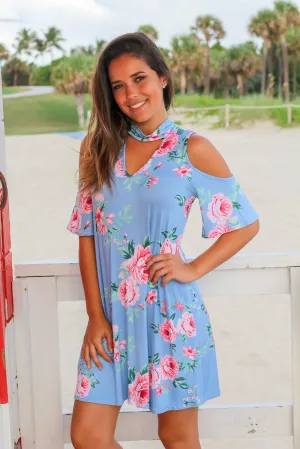 Blue Floral Mock Neck Open Shoulder Short Dress