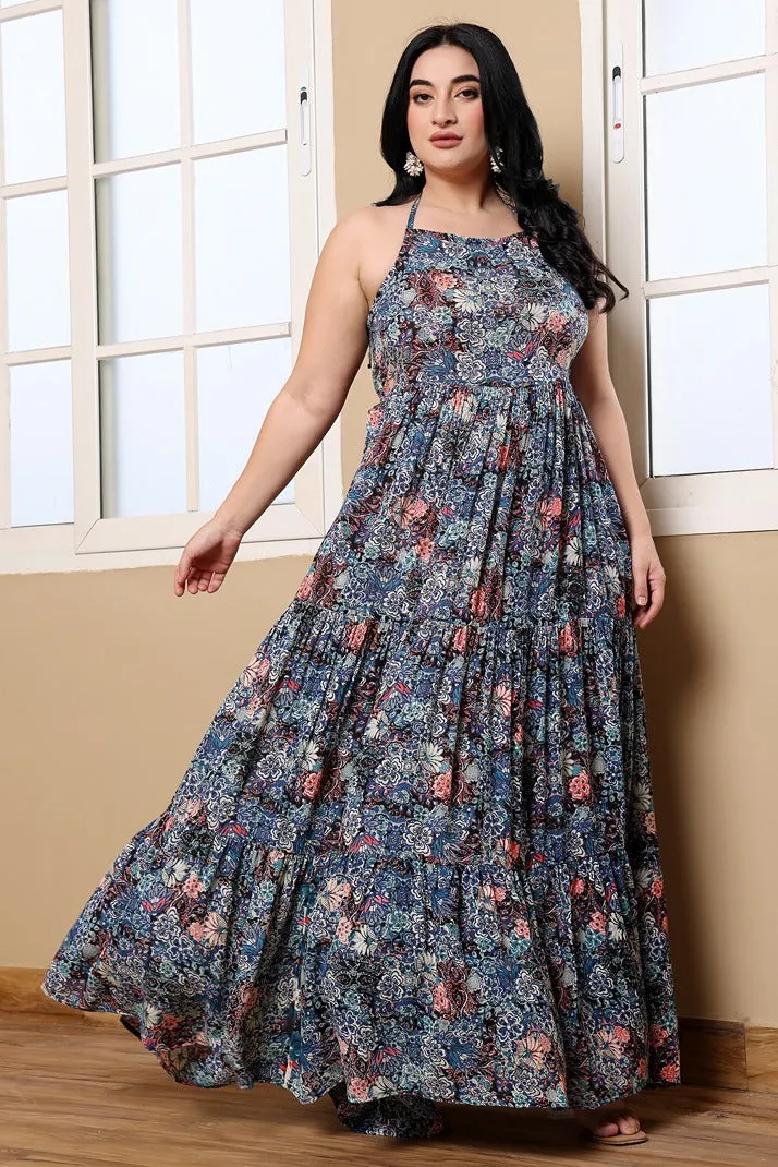 Blue Floral Printed Layered Maxi Dress