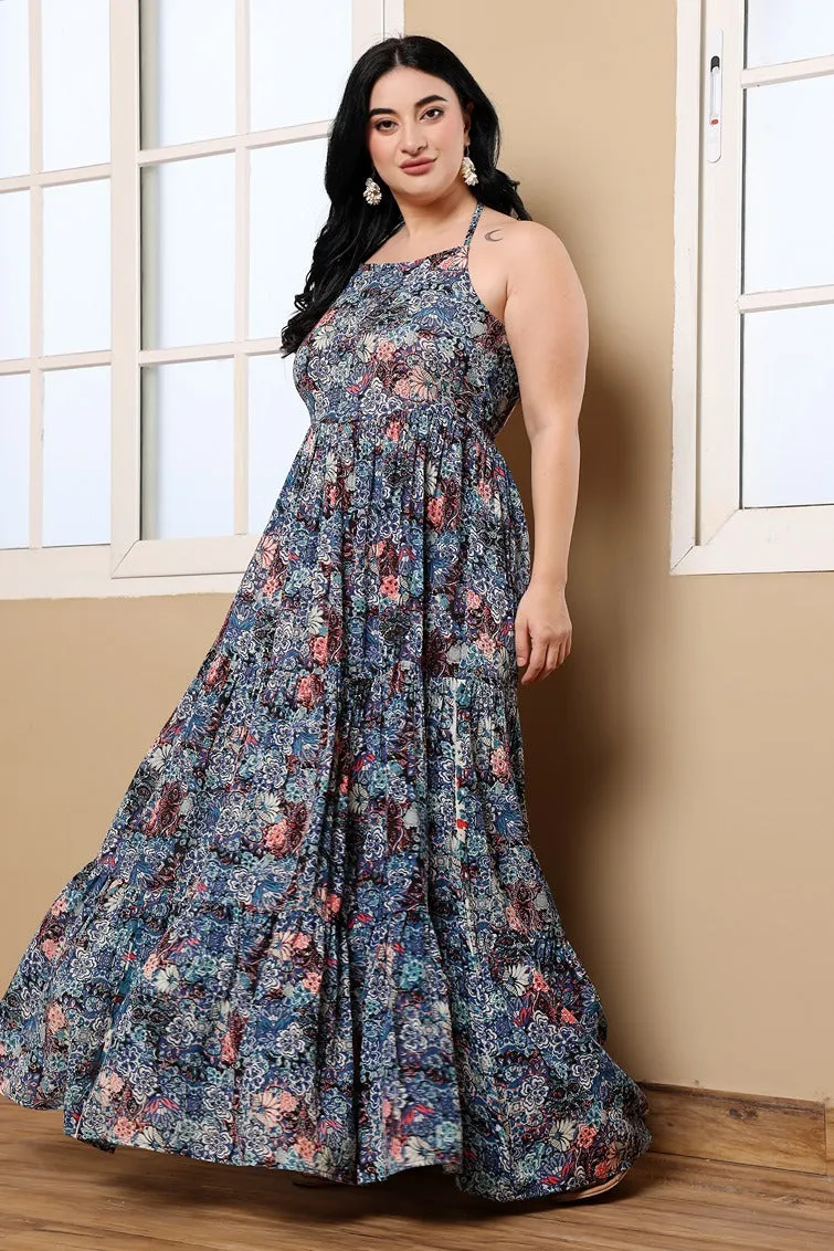 Blue Floral Printed Layered Maxi Dress