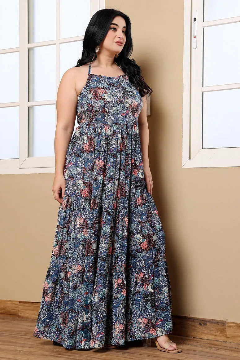 Blue Floral Printed Layered Maxi Dress