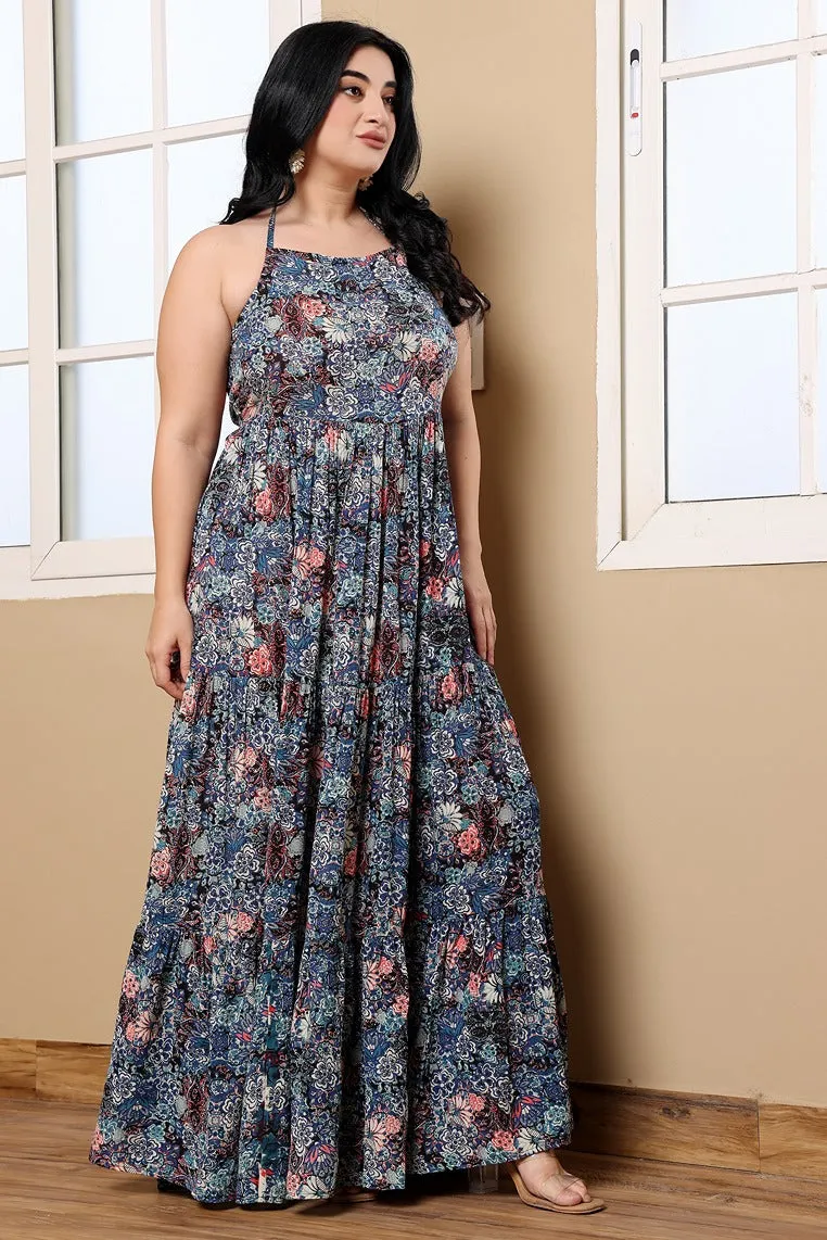 Blue Floral Printed Layered Maxi Dress