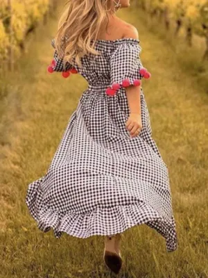 Bohemia Pompoms Knotted Checked Maxi Dress