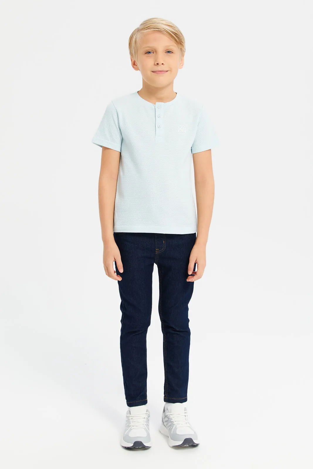 Boys Blue Short Sleeve Jacquard Henley T-Shirt