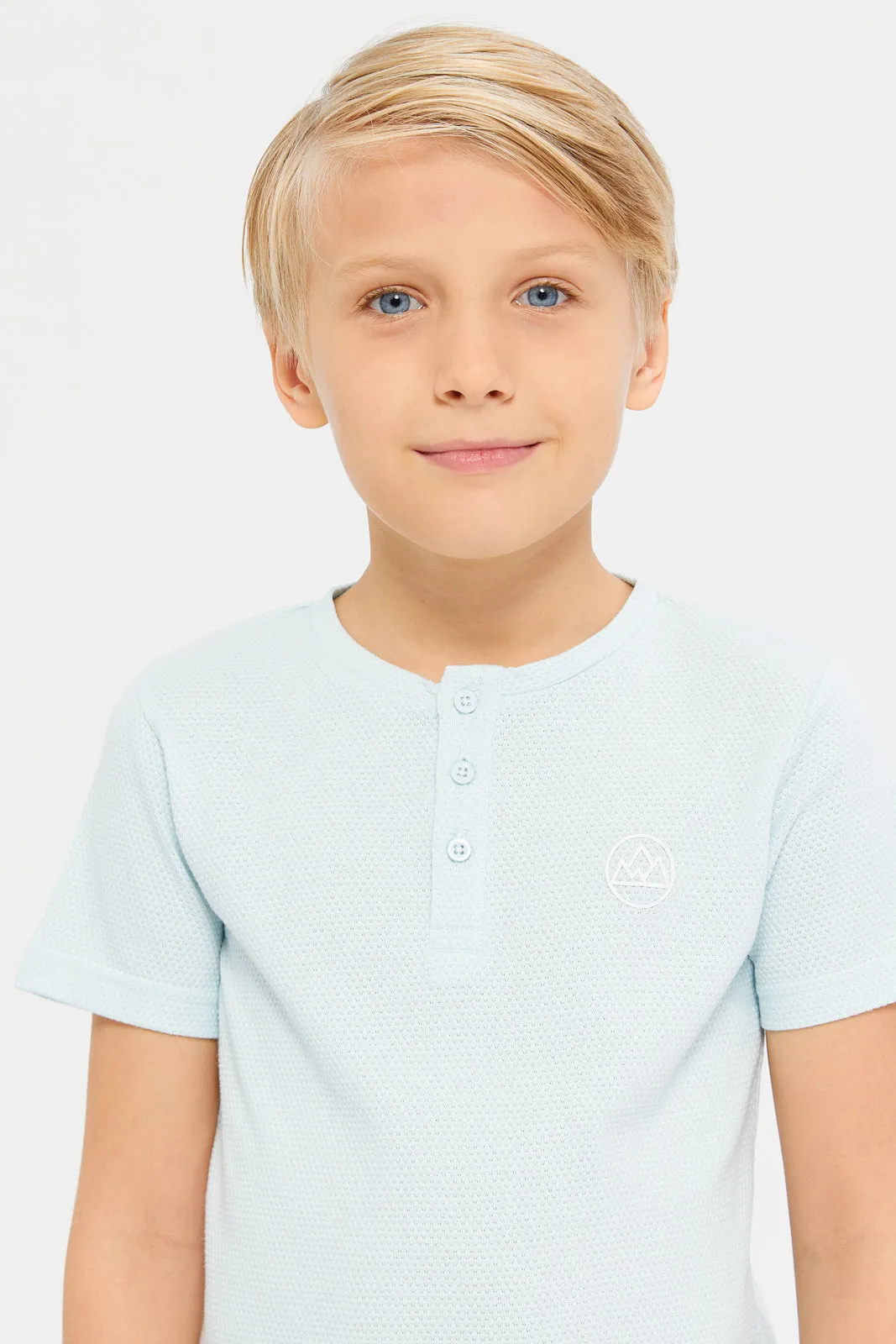 Boys Blue Short Sleeve Jacquard Henley T-Shirt