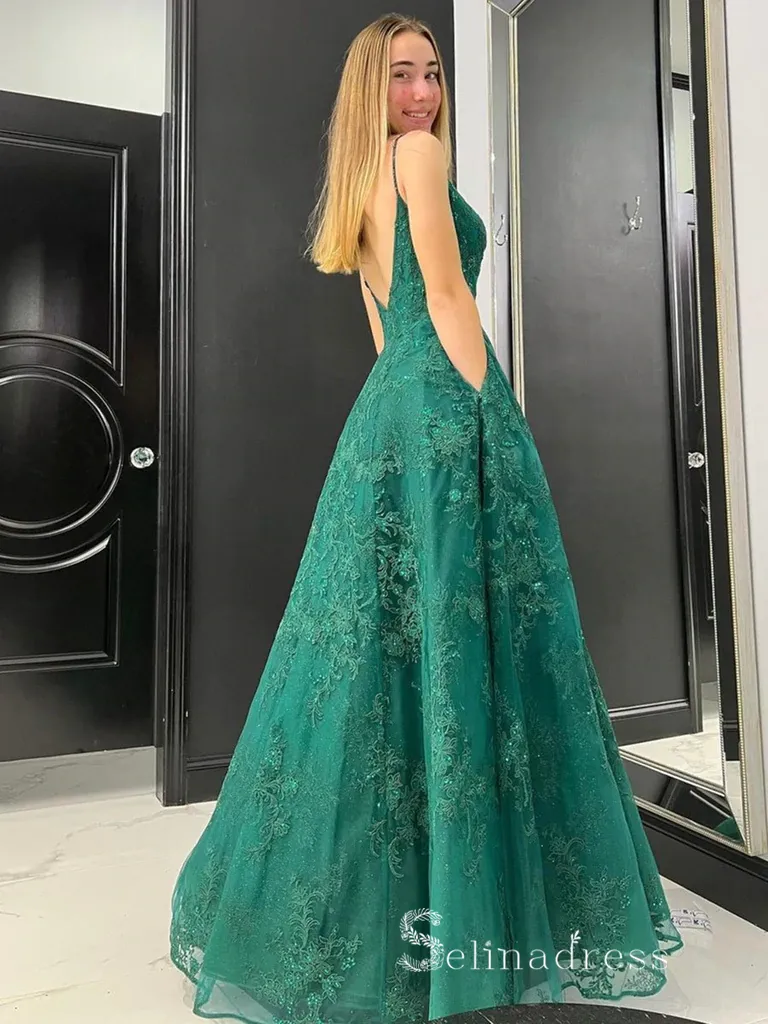 Chic A-line Spaghetti Straps Dark Green Long Prom Dresses Lace Evening Dresses MLH1238