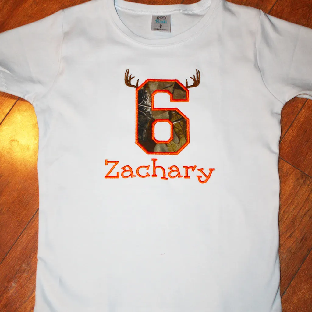 Children's Embroidered Camo With Antlers Birthday Tee