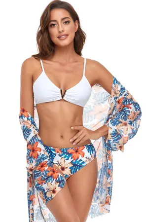 Conjunto Biquíni e Camisola de Praia Floral Branco