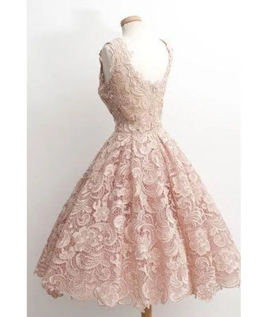 Cute Light Pink Short Lace Prom Dresses, Short Formal Dresses, Lace Evening Dresses