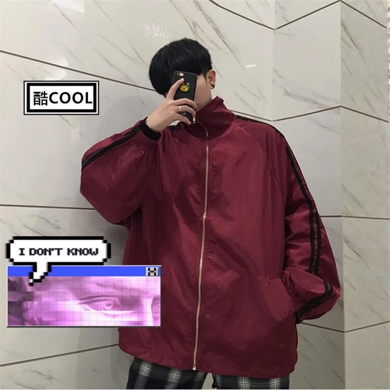 Dark Red Black Loose Side Stripes Windbreaker Jacket