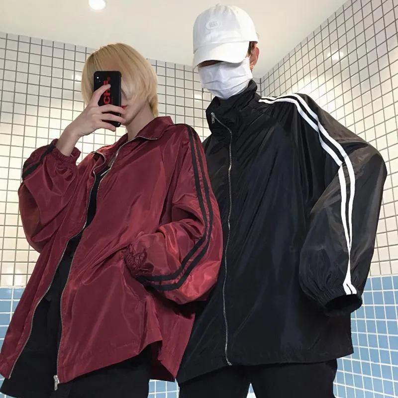 Dark Red Black Loose Side Stripes Windbreaker Jacket