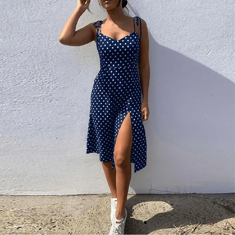 deanwangkt Dresses Sundress Summer Women Causal Polka Dot Sleeveless High Pleated elastic waist V-Neck Beach Dress Vestidos De Verano