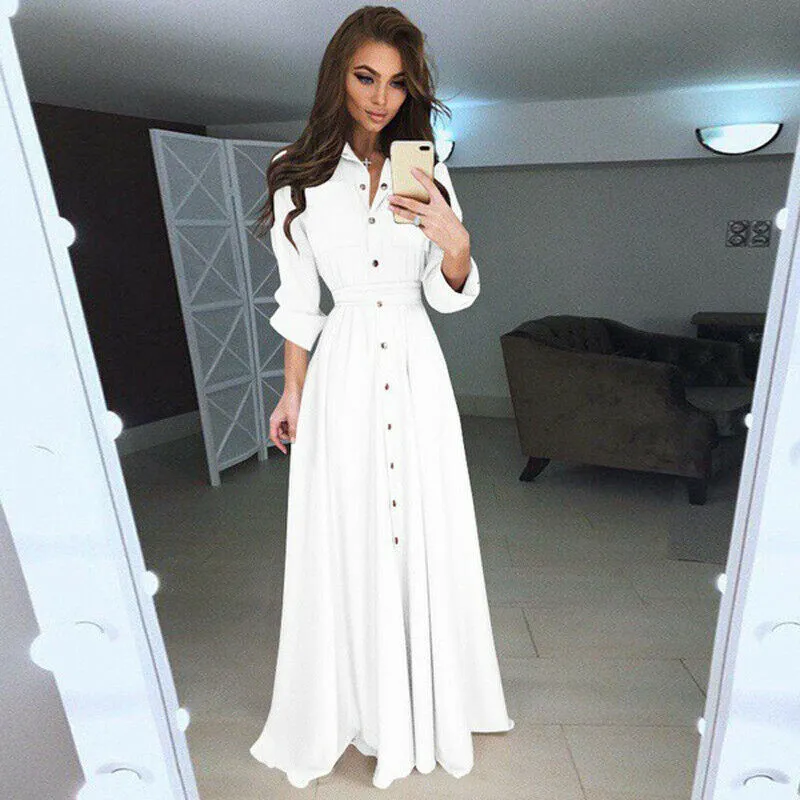 deanwangkt Fashion Womens Boho Long Sleeve Elegant Button Down V-neck Long Maxi Dress Ladies Evening Party Beach Bodycon Dresses Sundress