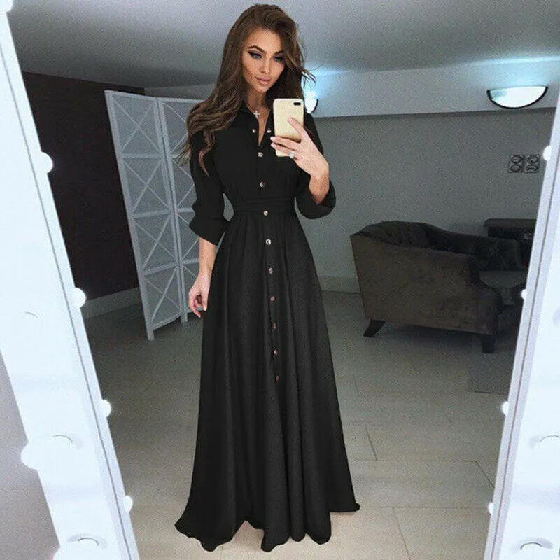 deanwangkt Fashion Womens Boho Long Sleeve Elegant Button Down V-neck Long Maxi Dress Ladies Evening Party Beach Bodycon Dresses Sundress