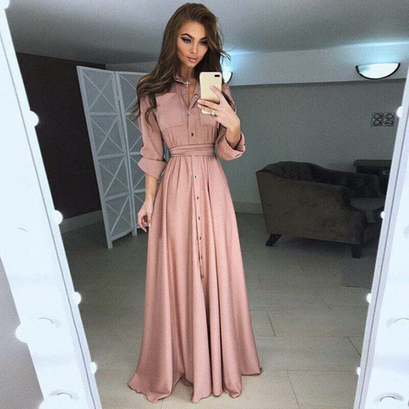 deanwangkt Fashion Womens Boho Long Sleeve Elegant Button Down V-neck Long Maxi Dress Ladies Evening Party Beach Bodycon Dresses Sundress