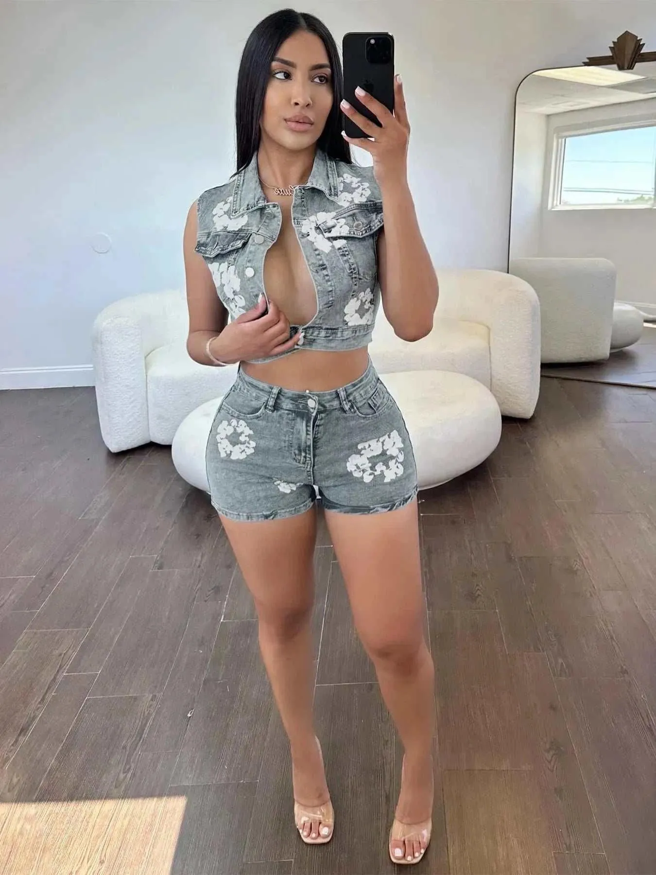 Denim Shorts - Streetwear Denim Short Pants Outfit Set for Sexy Women