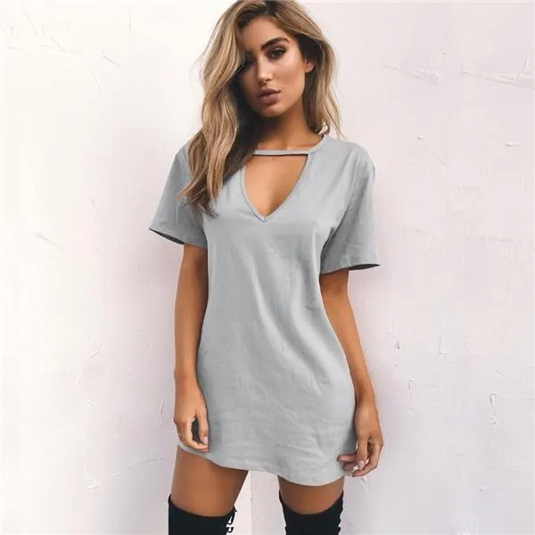 Dunnmall Women Choker V-neck Short Sleeve Casual Sexy Halter Loose Boho Beach Short Dress