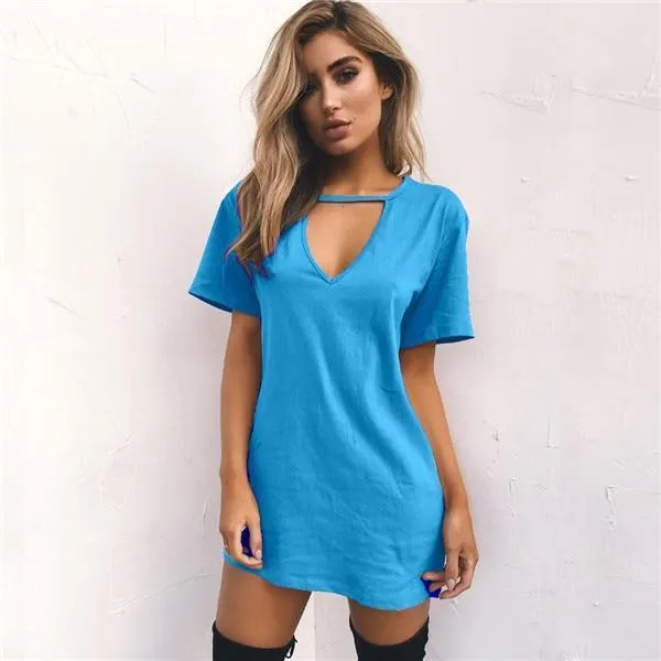 Dunnmall Women Choker V-neck Short Sleeve Casual Sexy Halter Loose Boho Beach Short Dress