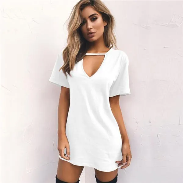 Dunnmall Women Choker V-neck Short Sleeve Casual Sexy Halter Loose Boho Beach Short Dress