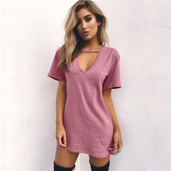 Dunnmall Women Choker V-neck Short Sleeve Casual Sexy Halter Loose Boho Beach Short Dress