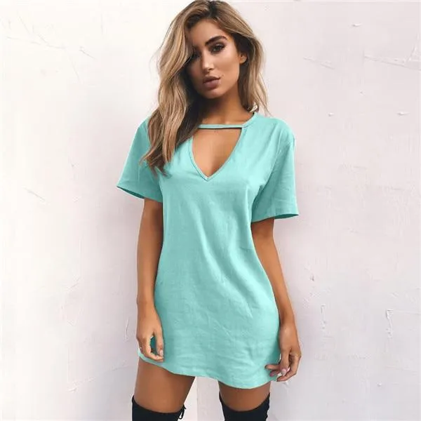 Dunnmall Women Choker V-neck Short Sleeve Casual Sexy Halter Loose Boho Beach Short Dress