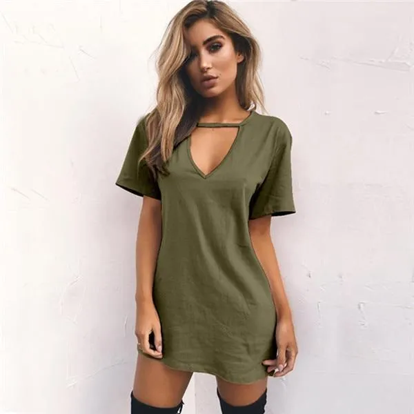 Dunnmall Women Choker V-neck Short Sleeve Casual Sexy Halter Loose Boho Beach Short Dress