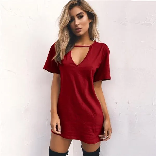 Dunnmall Women Choker V-neck Short Sleeve Casual Sexy Halter Loose Boho Beach Short Dress