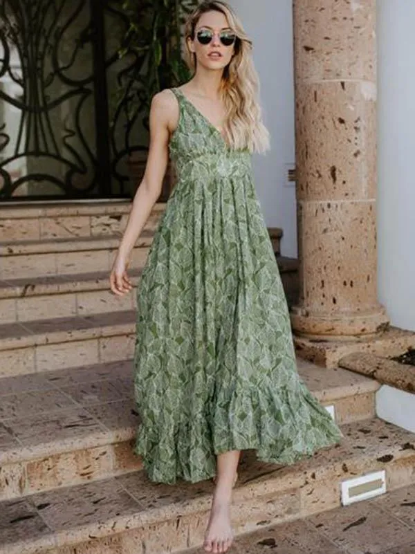 Floral Green Spaghetti-Strap V-Neck Leaves Maxi Dress