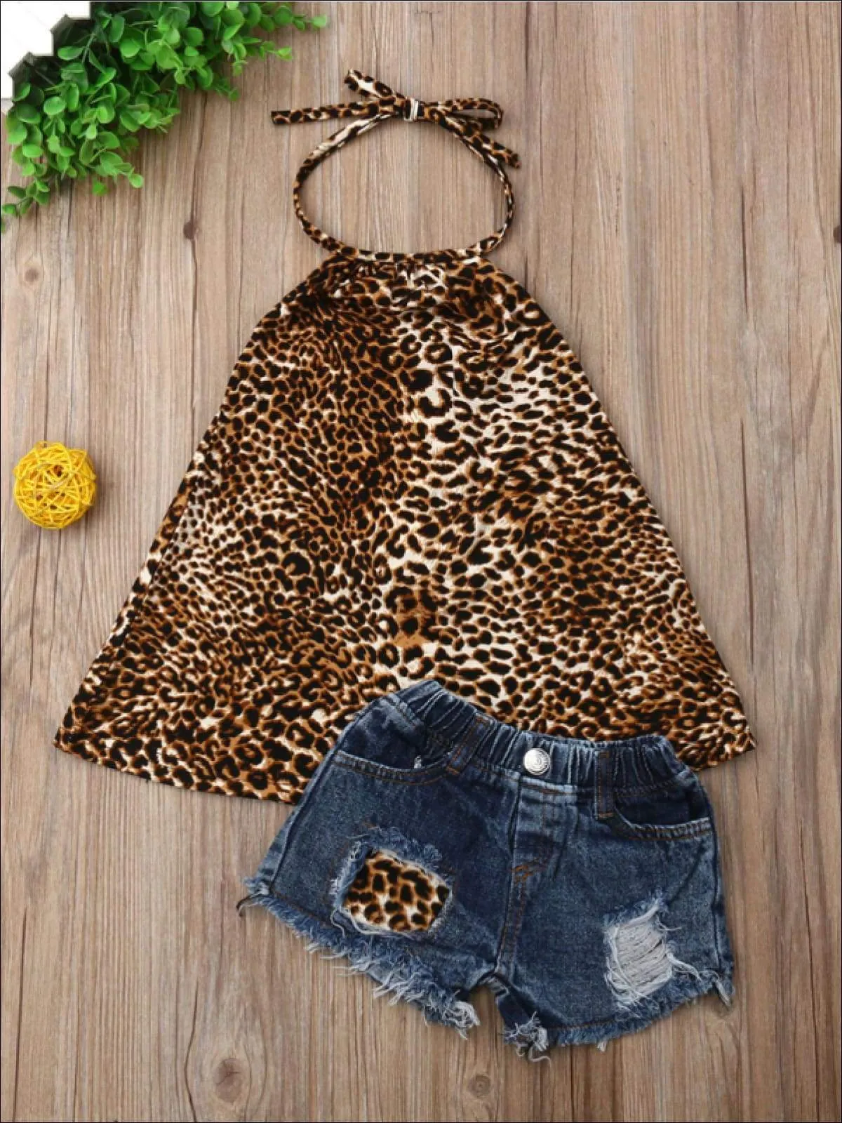 Girls Animal Print Halter Tunic & Matching Denim Shorts with Patch Set