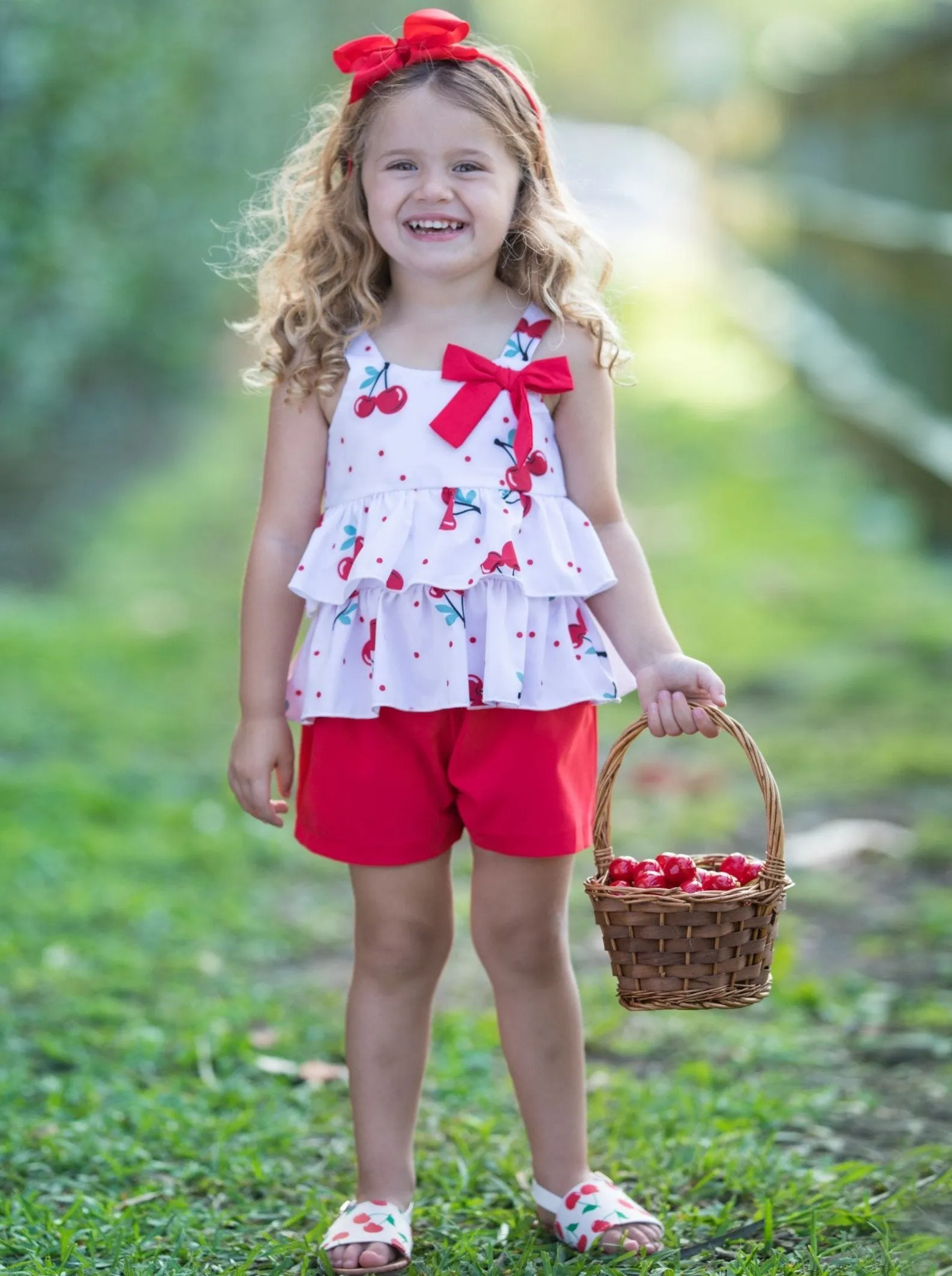 Girls Cherry Ruffled Top And Stretchy Shorts Set