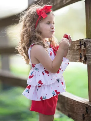 Girls Cherry Ruffled Top And Stretchy Shorts Set